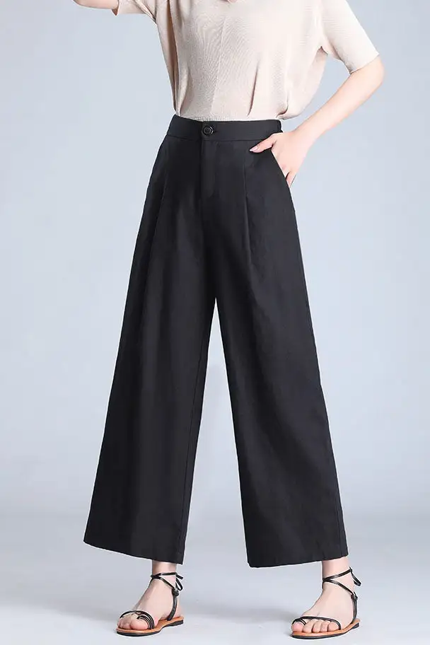 Textured Linen Wide Leg Elastic Waist Pocketed Trousers
