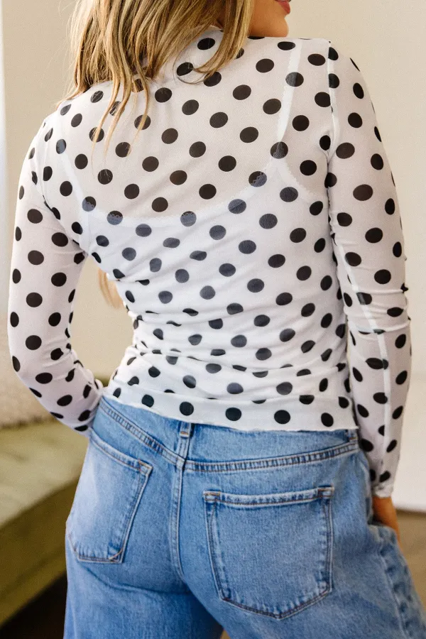 Polka Dot Stand Neck Mesh Stretch Fabric Long Sleeve Top