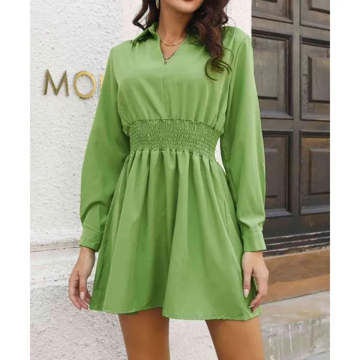 Johnny Collar Smocked Waist Long Sleeve Mini Dress