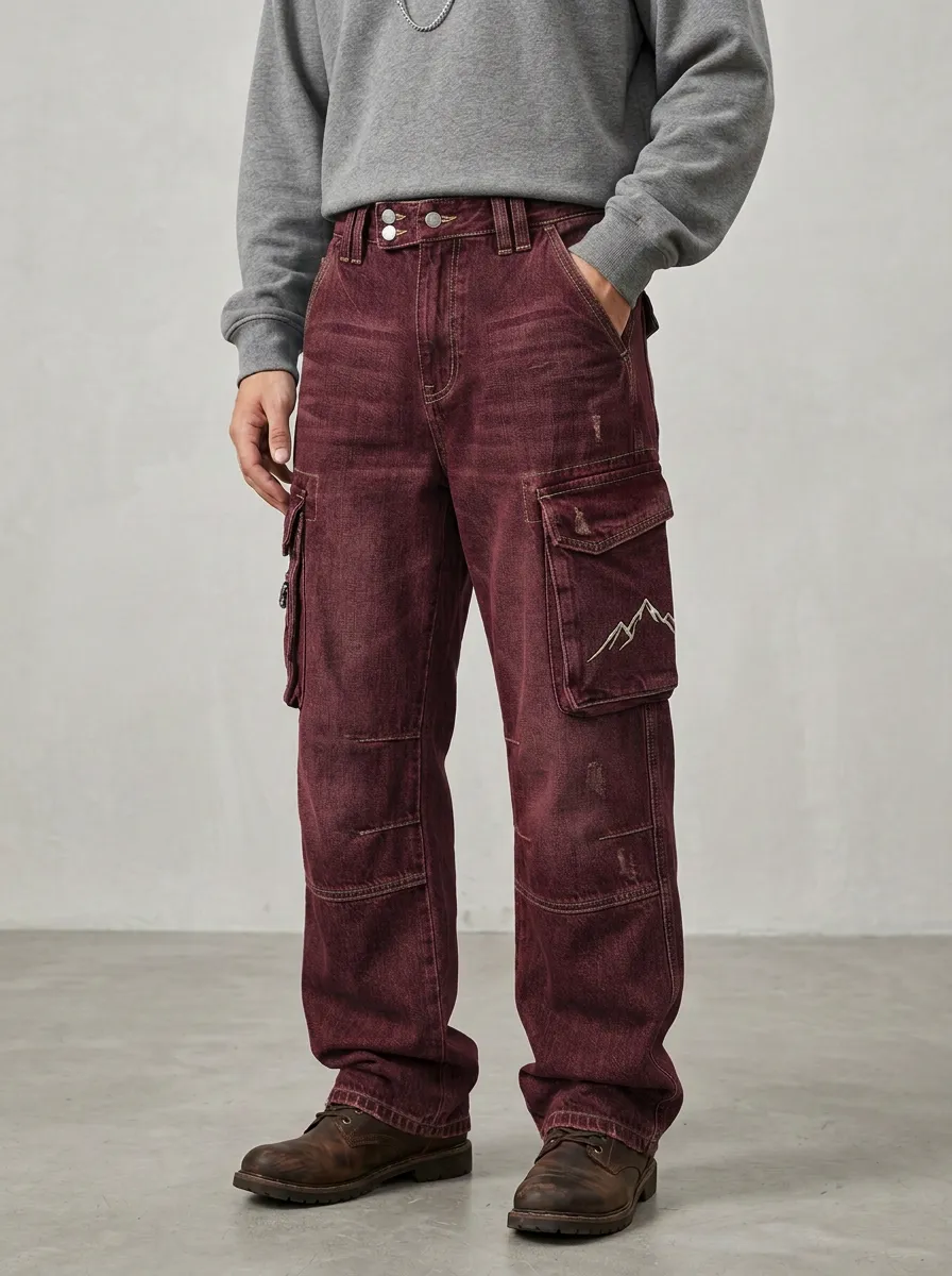 Men's Outdoor Mountain Embroidered Distressed Cargo Pants