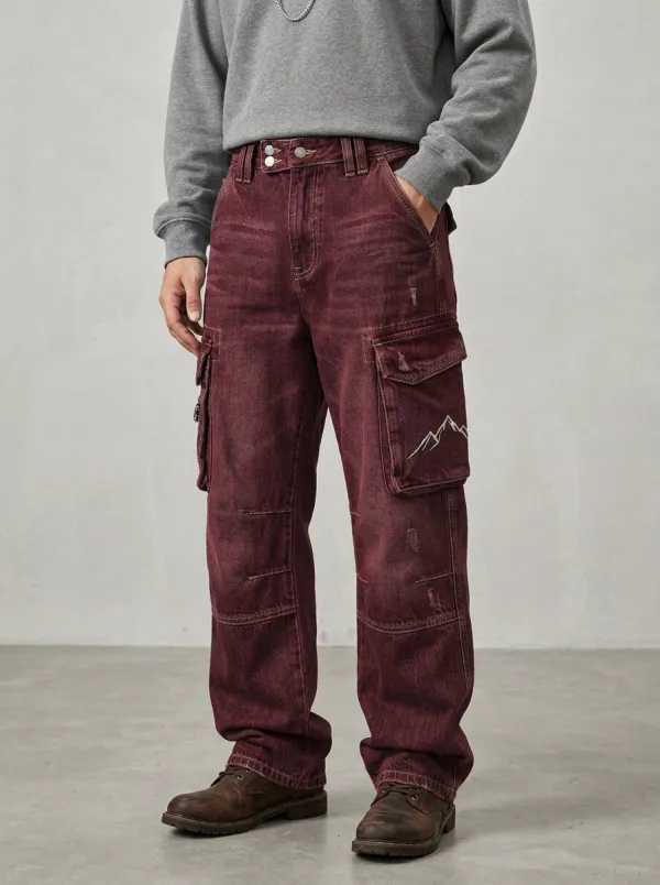 Men's Outdoor Mountain Embroidered Distressed Cargo Pants