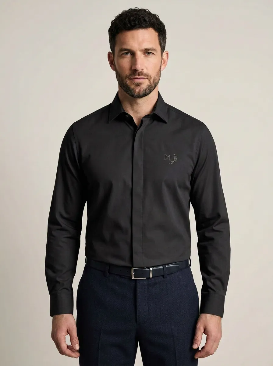 Men's Non-Iron Cotton M Laurel Wreath Embroidered Long Sleeve Shirt