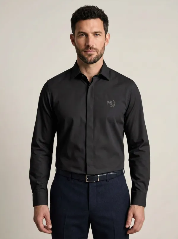 Men's Non-Iron Cotton M Laurel Wreath Embroidered Long Sleeve Shirt
