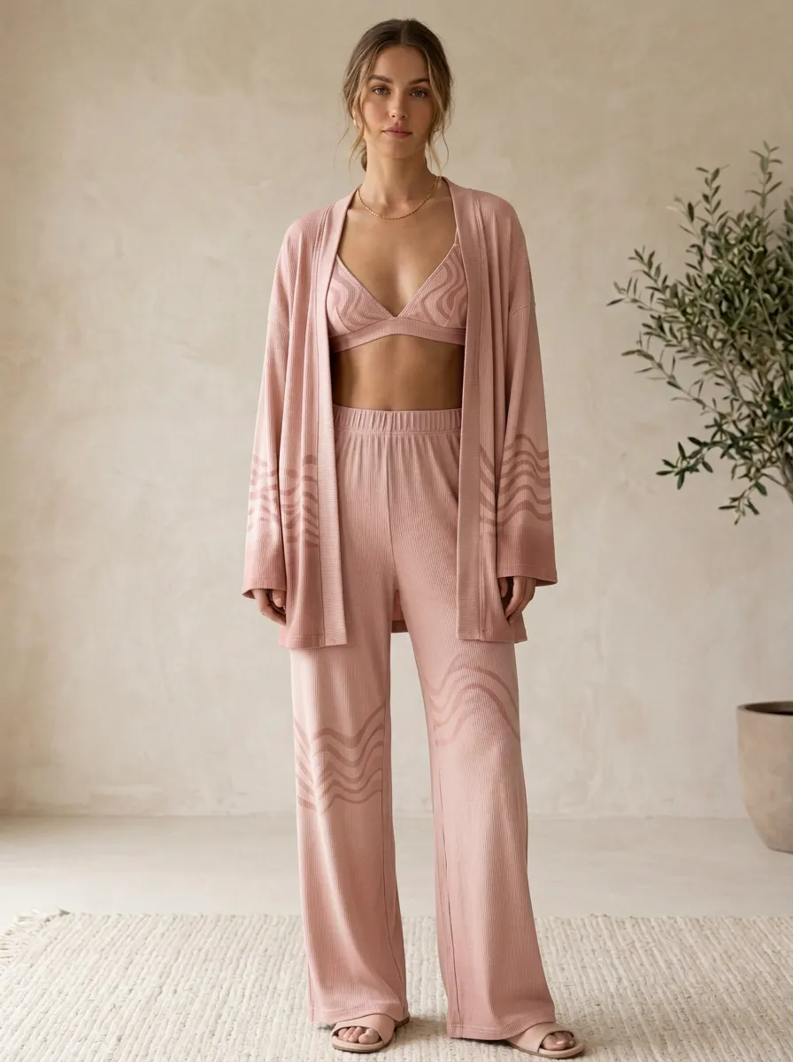 Wave Ribbed Cardigan Lounge Set