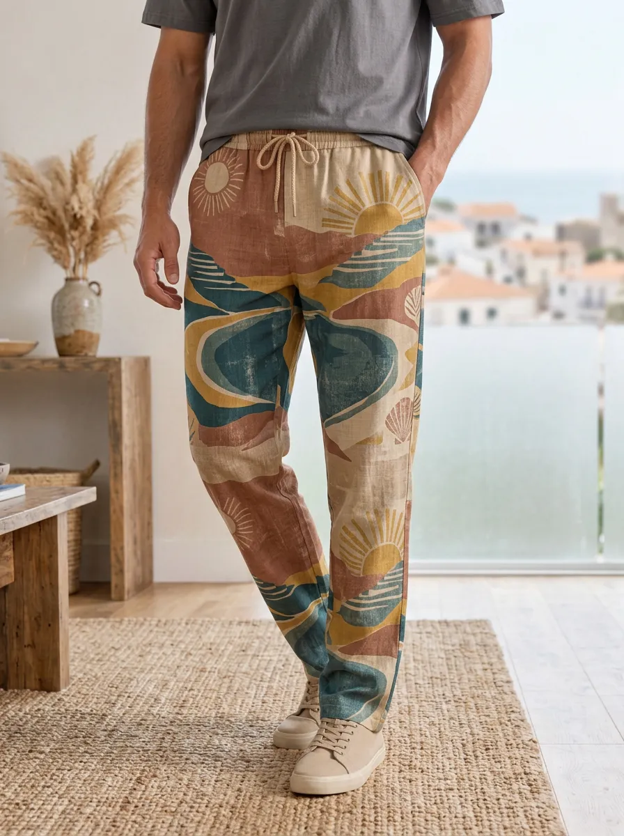Men's Boho Beach Lover Sun and Sea Printed Pants