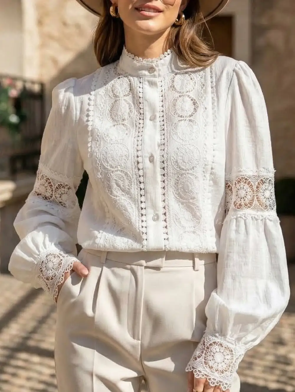 Lace Detail Lantern Sleeve Blouse