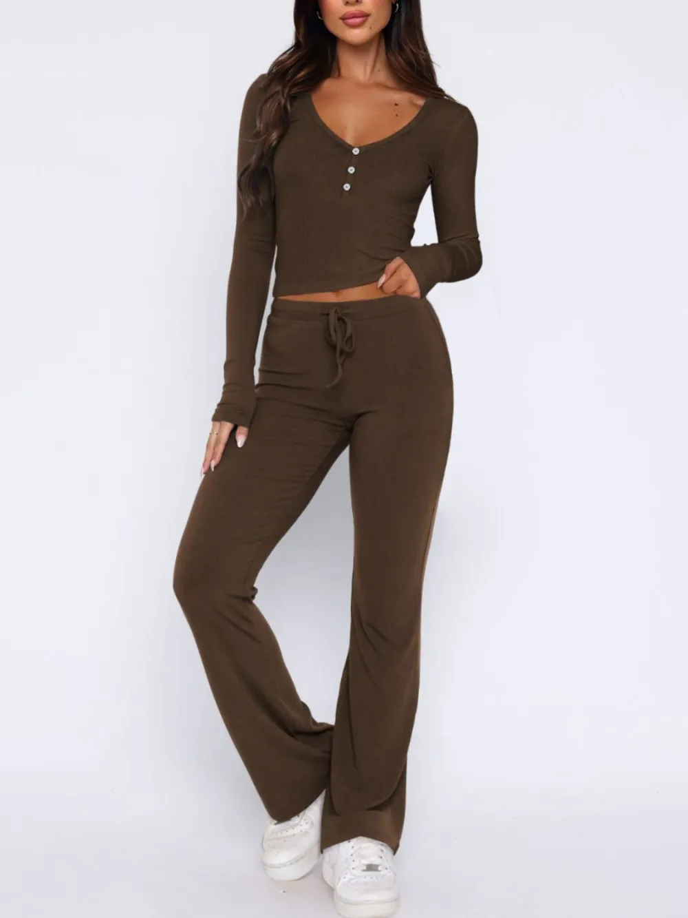 V-Neck Long Sleeve Top And Pants Set