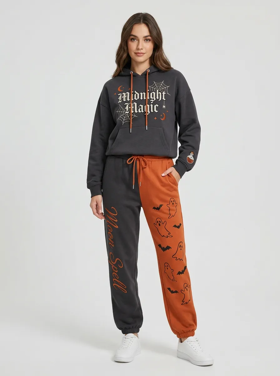 Women's Halloween Midnight Magic Ghost Bat Printed Tracksuit