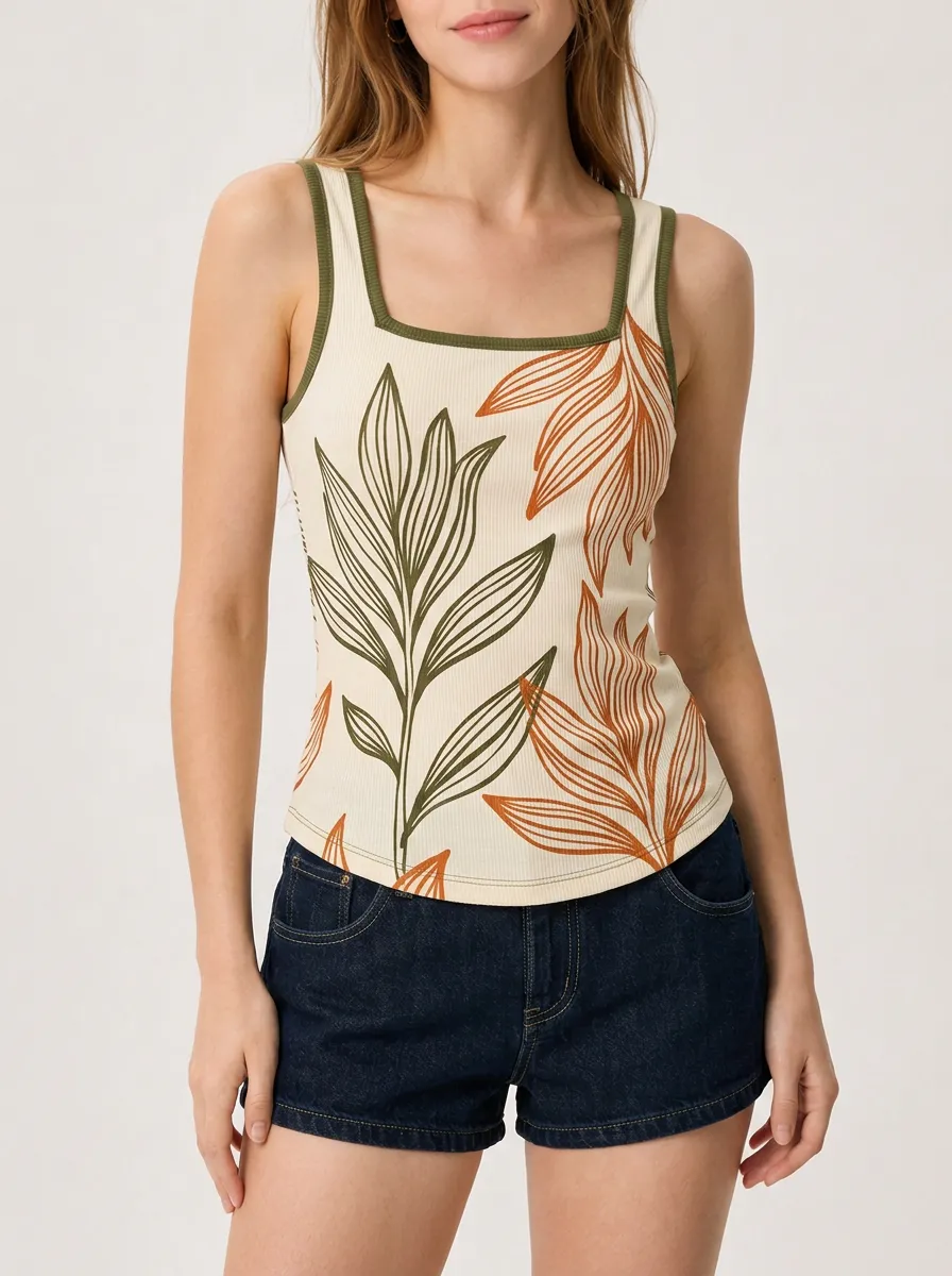 Women's Botanical Nature Lover Green Orange Leaf Printed Ribbed Tank Top