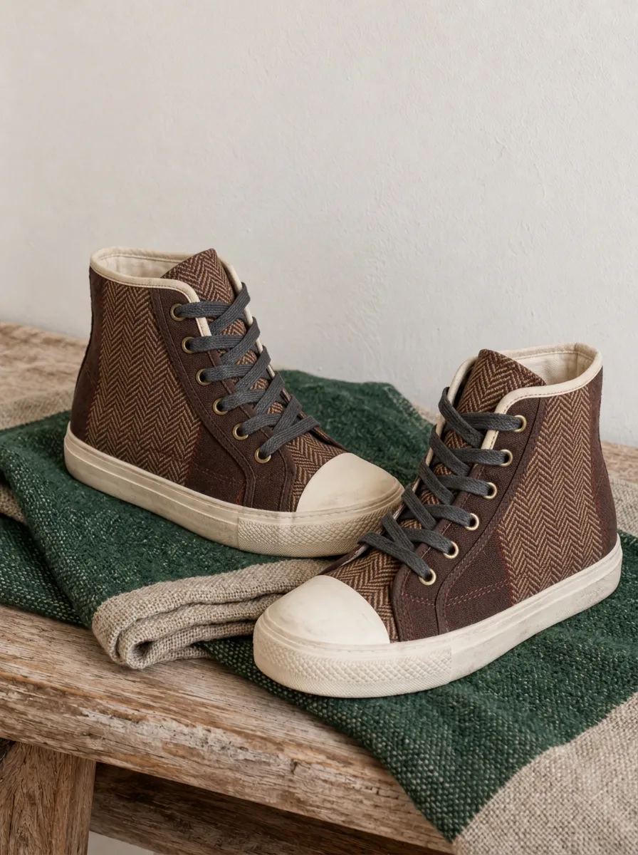 Men's Vintage Style Brown Herringbone Printed Canvas Shoes
