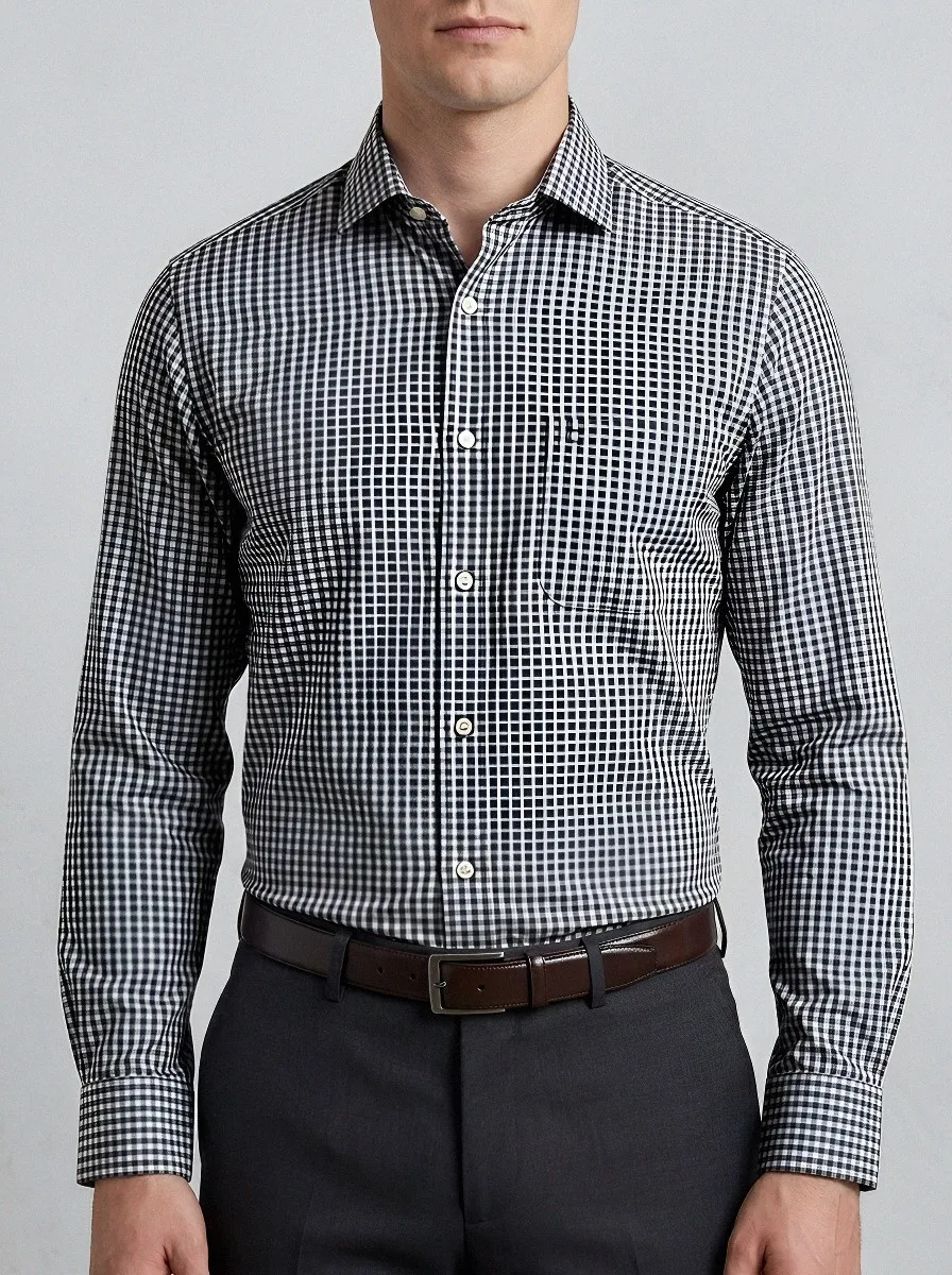 Men's Business Casual Light Blue Gingham Non-Iron Cotton Shirt