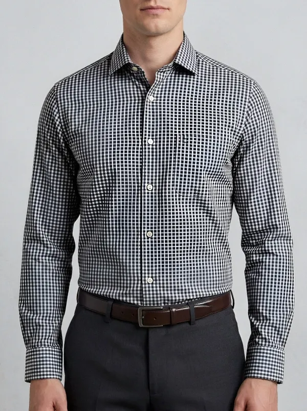 Men's Business Casual Light Blue Gingham Non-Iron Cotton Shirt