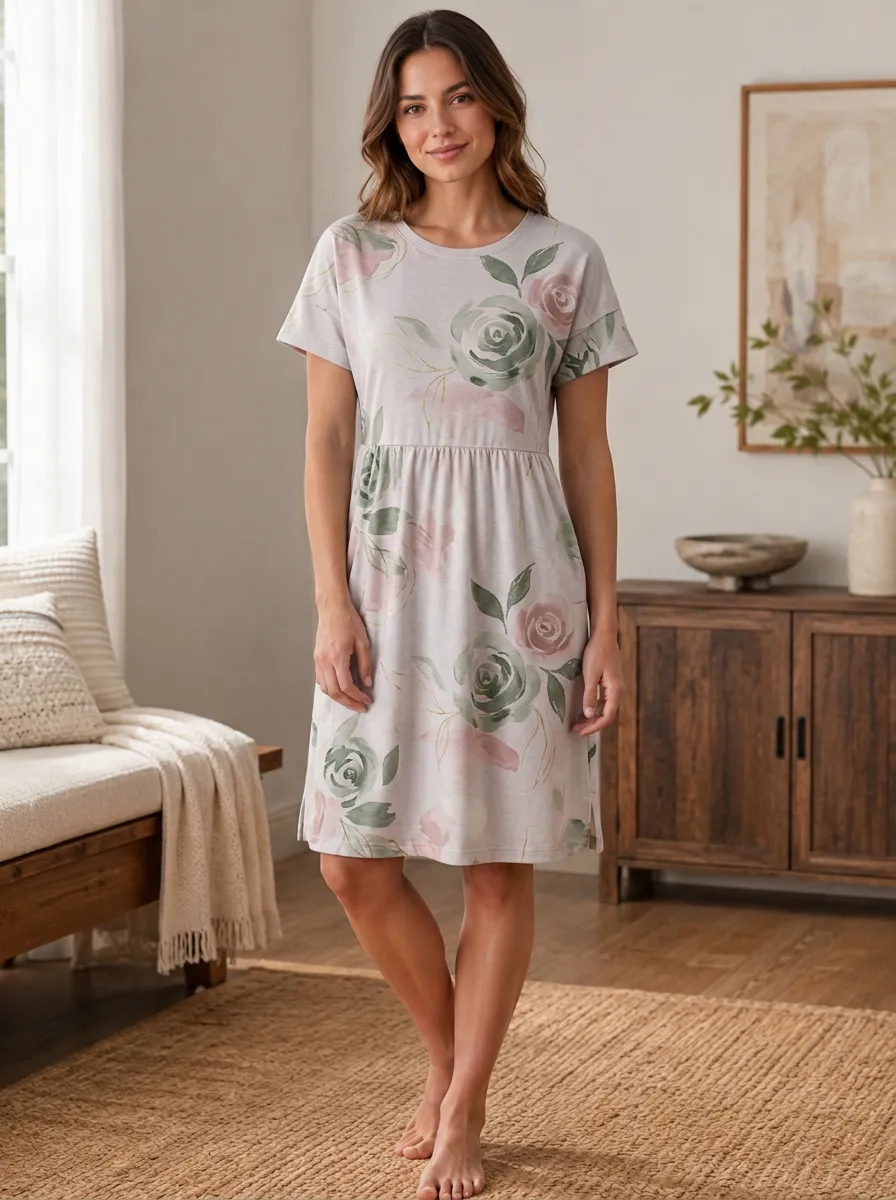 Women's Floral Lover Watercolor Rose Printed T-shirt Dress