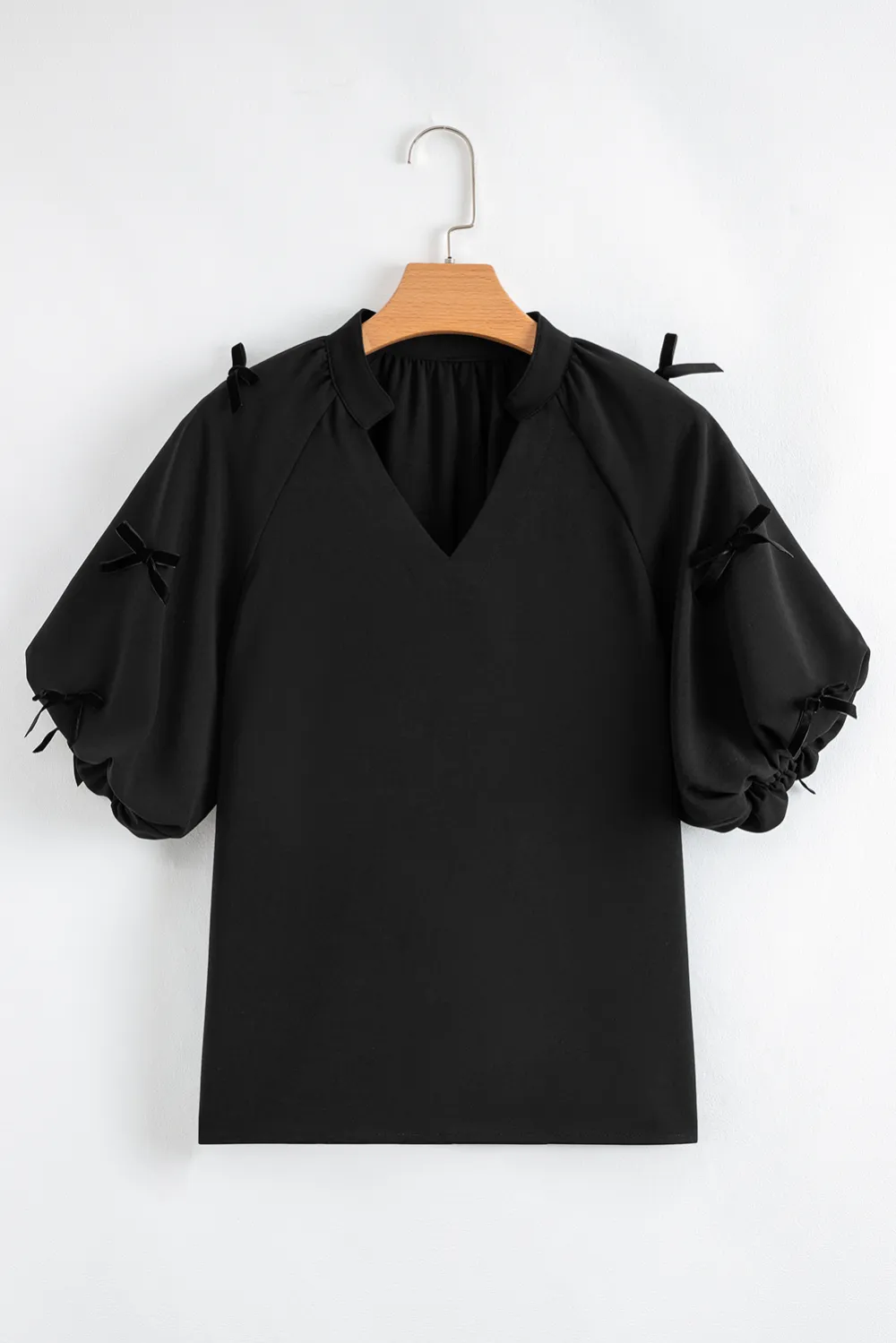 Bow Detail Puff Sleeve Split Neck Blouse