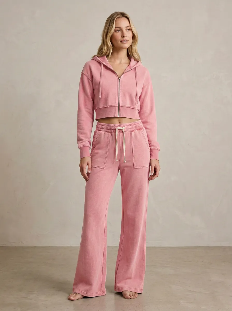 Women's Vintage Inspired Washed Vintage Inspired Sport Inspired Cropped Hooded Jacket and Flare Pants Active Set