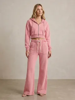 Women's Vintage Inspired Washed Vintage Inspired Sport Inspired Cropped Hooded Jacket and Flare Pants Active Set