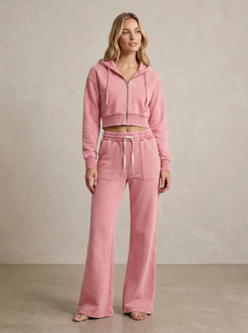 Women's Vintage Inspired Washed Vintage Inspired Sport Inspired Cropped Hooded Jacket and Flare Pants Active Set