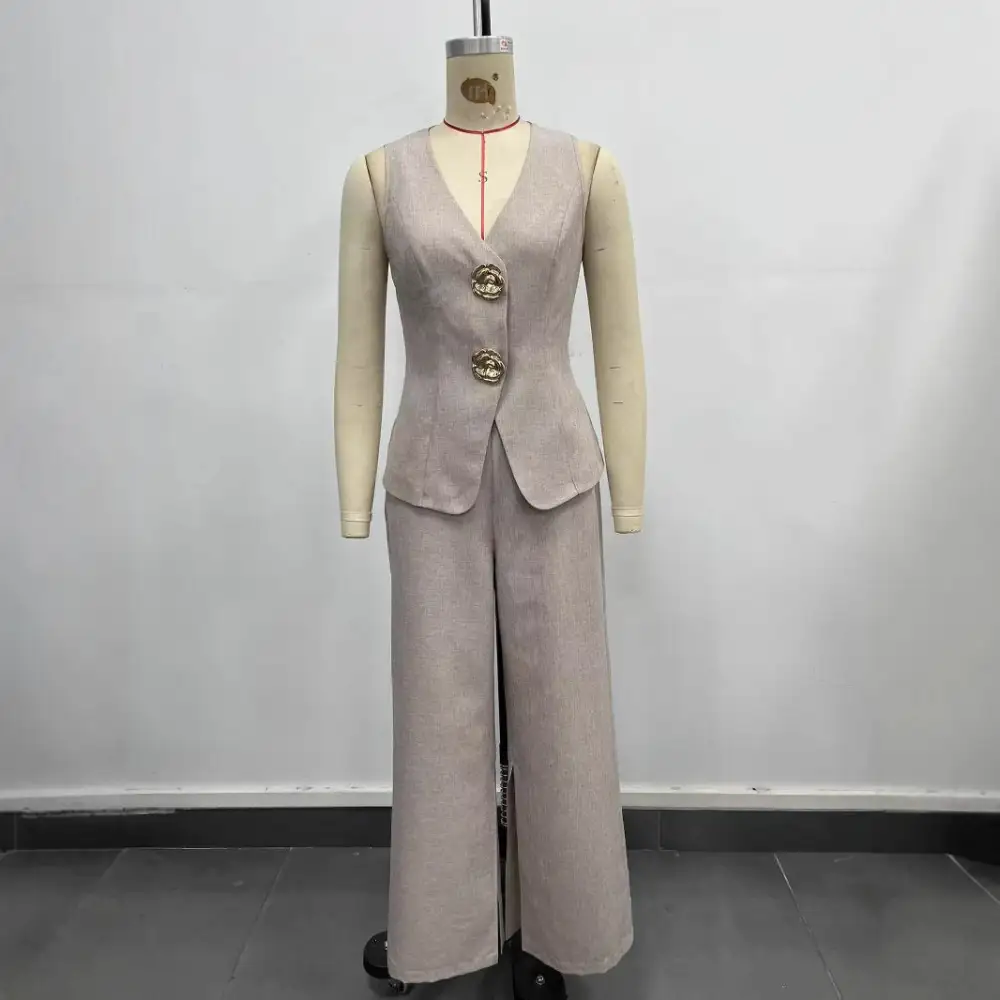 Relaxed V Neck Vest Split Leg Pants Set