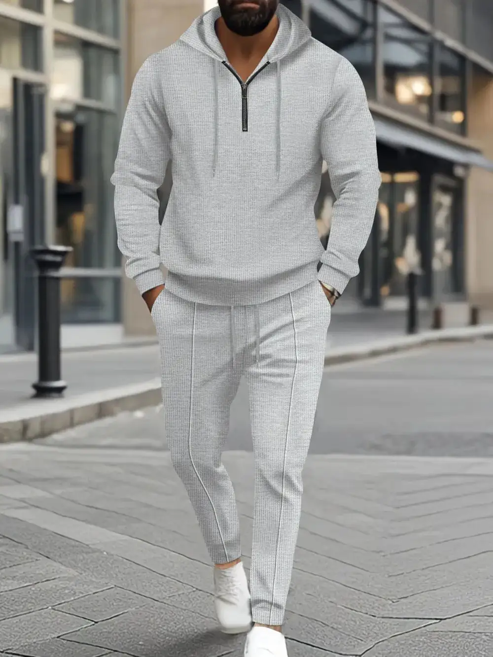 Waffle-Knit Half-Zip Hoodie and Pants Sport Set