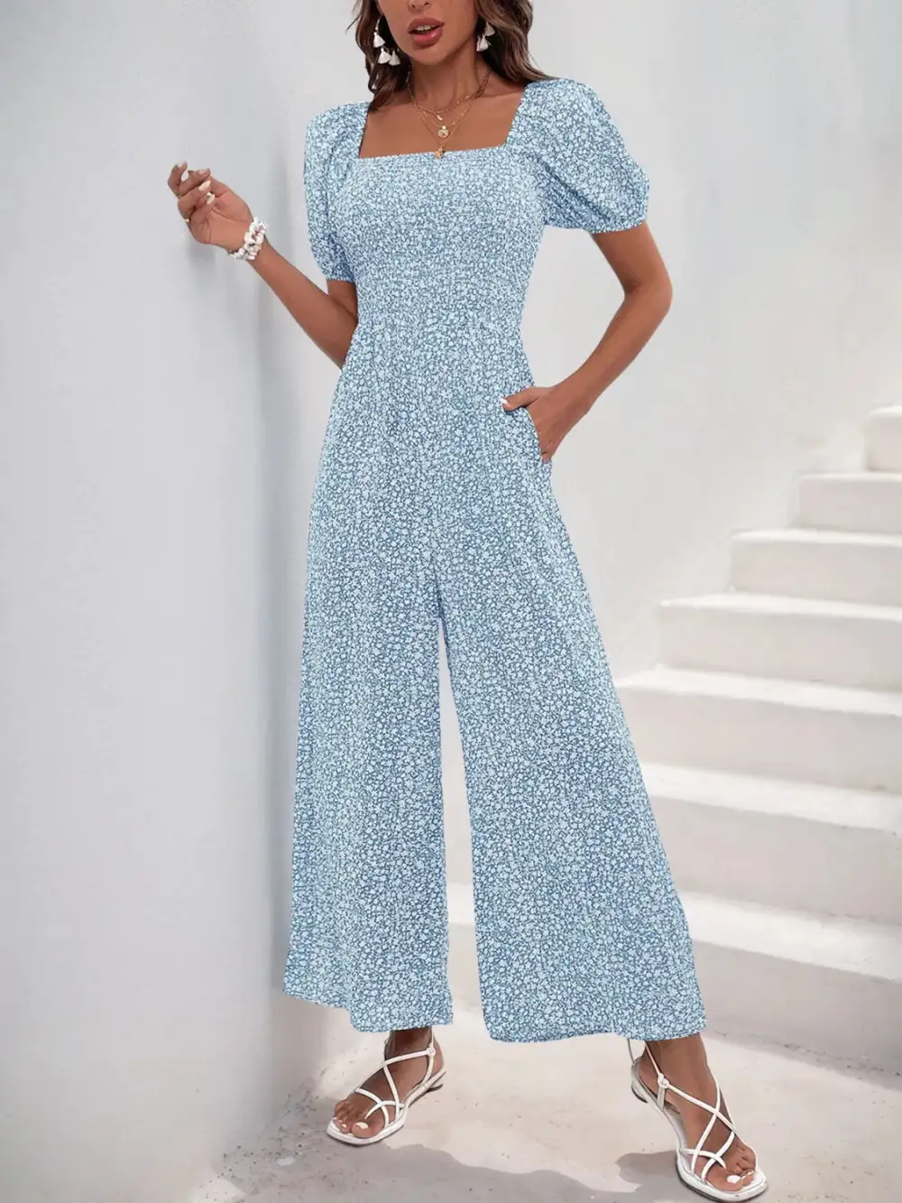 Printed Square Neck Puff Sleeve Everyday Jumpsuit