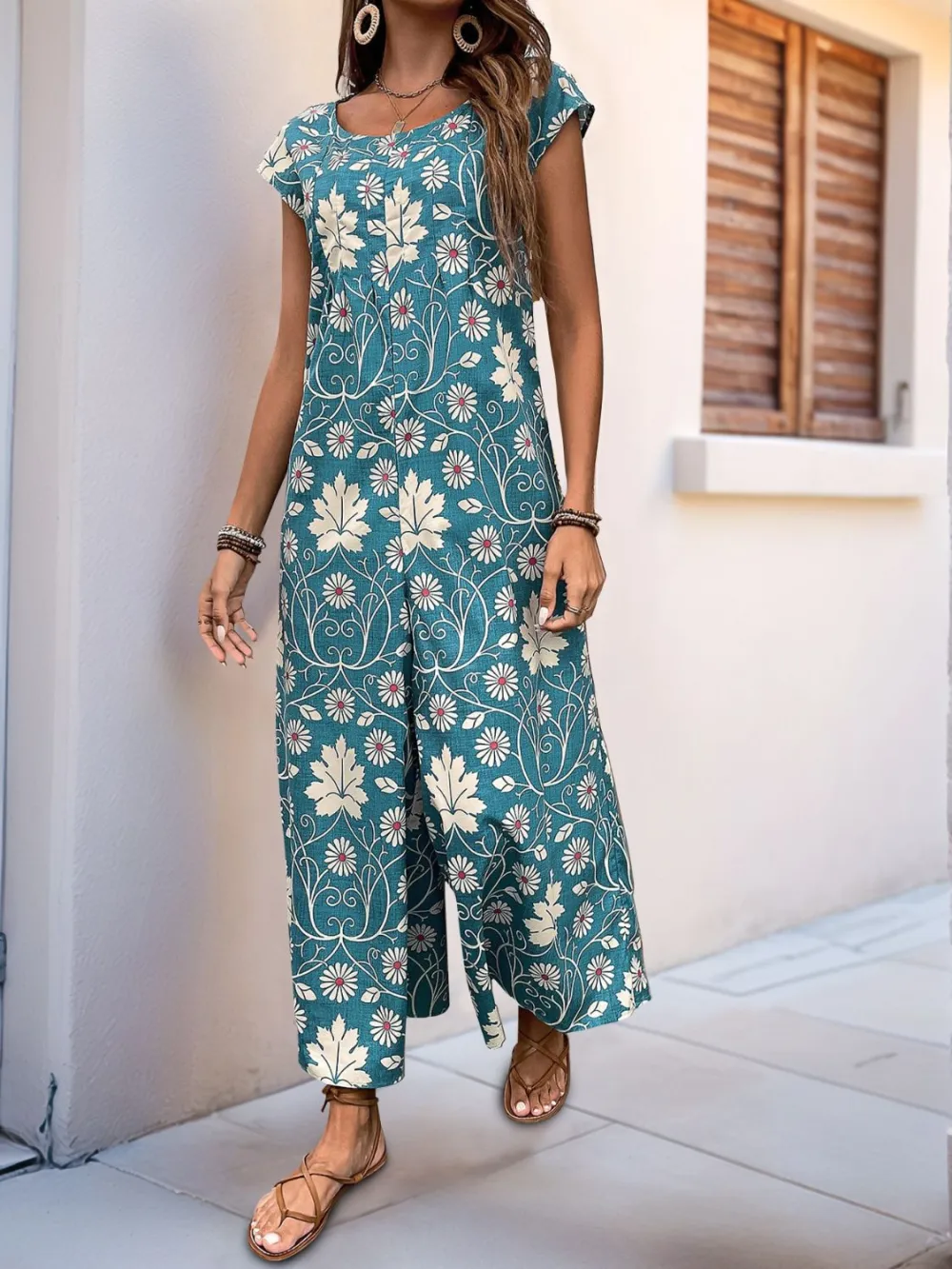 Round Neck Cap Sleeve Wide Leg Jumpsuit