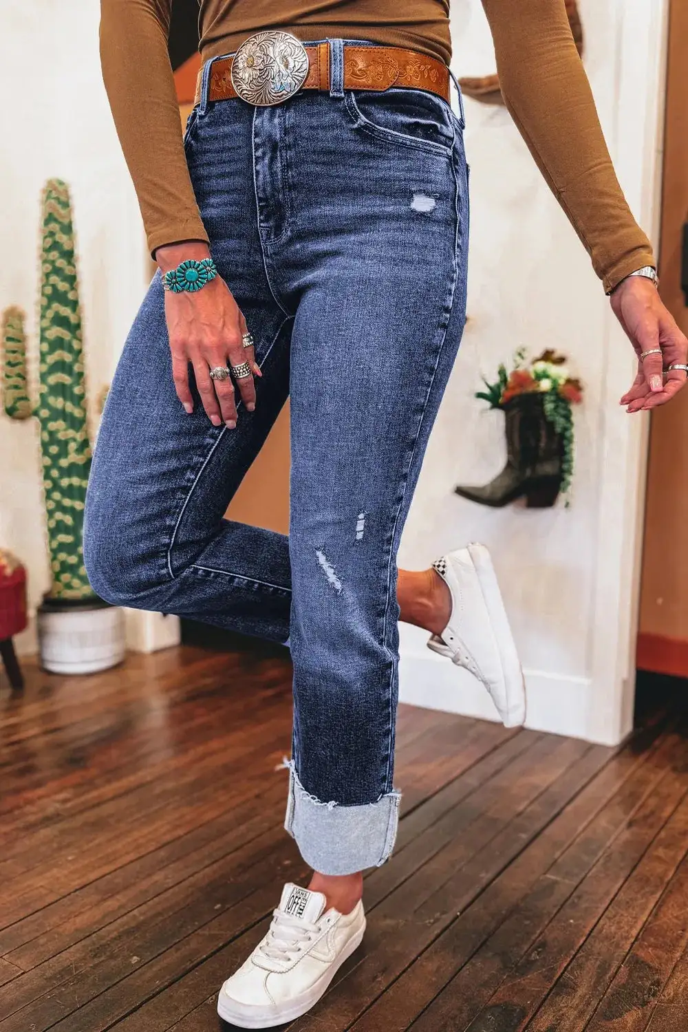 Relaxed High Waist Straight Leg Distressed Denim Jeans