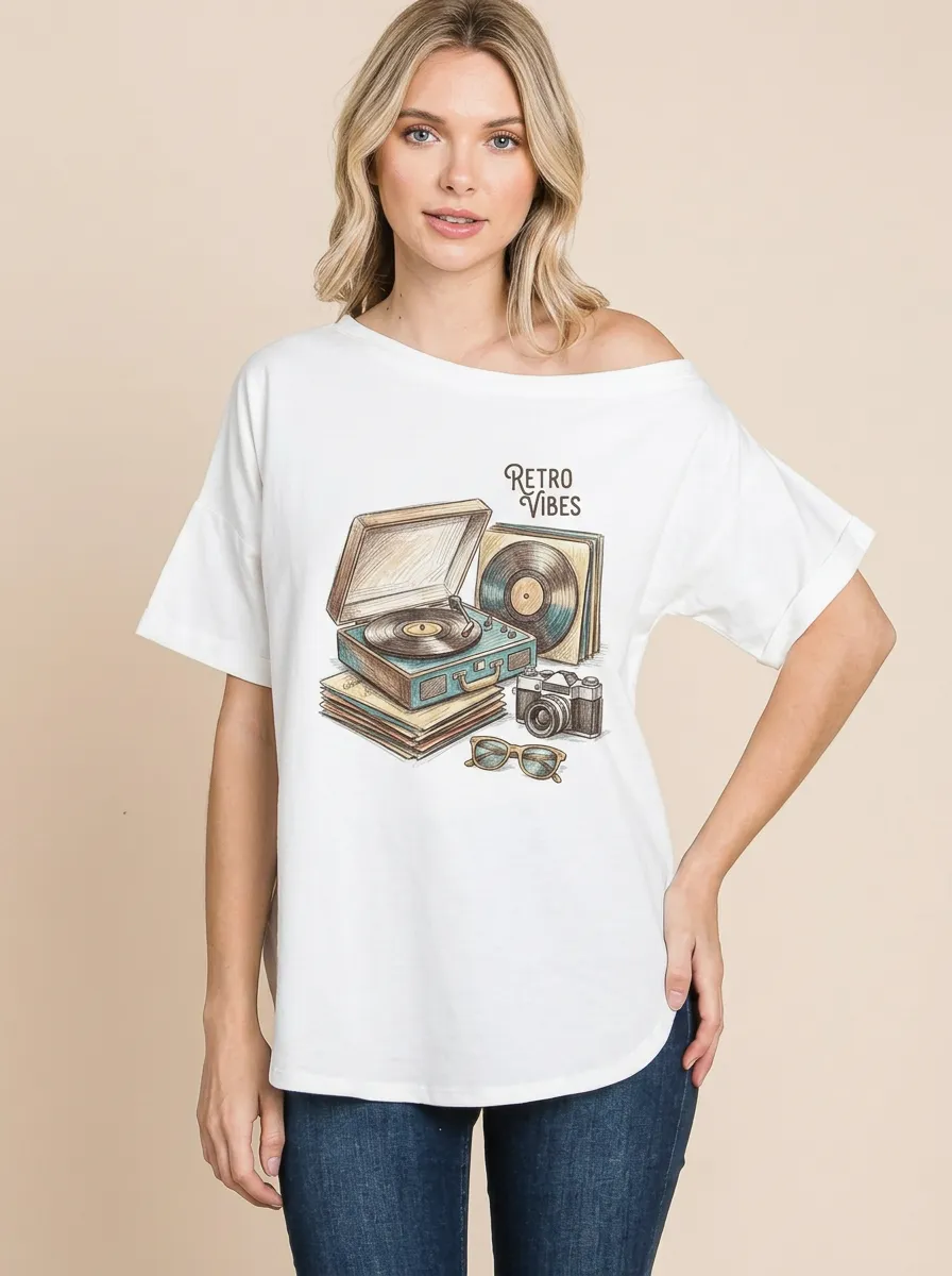 Women's Music-Inspired Retro Vibes Vinyl Record Camera Printed T-Shirt