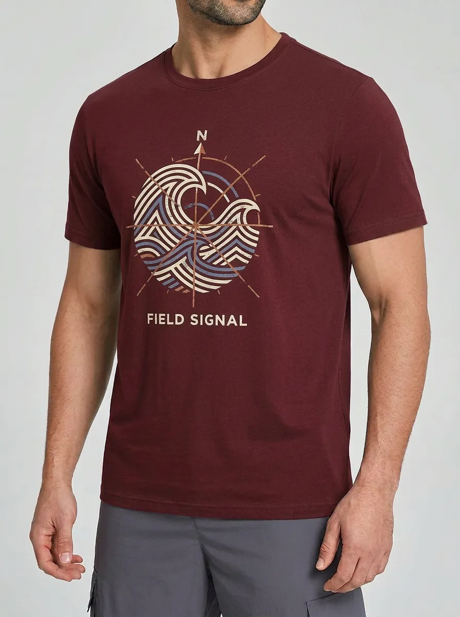Men's Nautical Compass Wave Field Signal Printed T-shirt