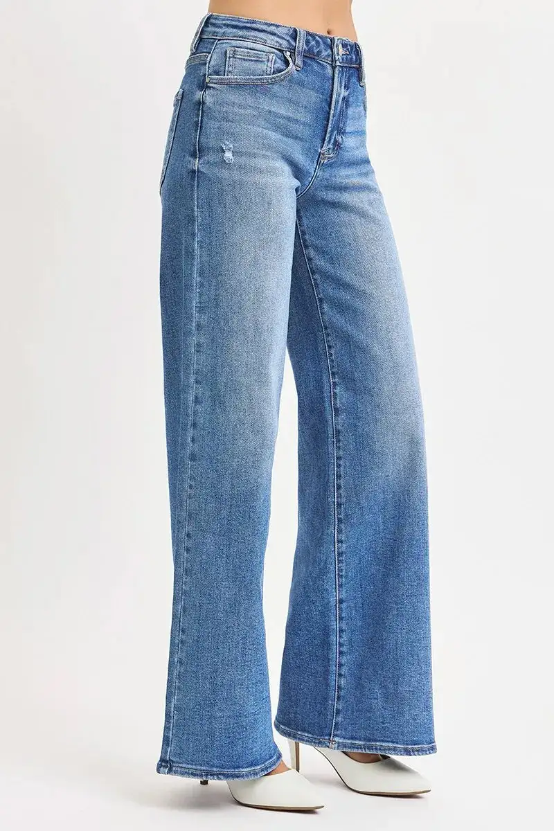 Textured Denim High Rise Wide Leg Pocketed Jeans