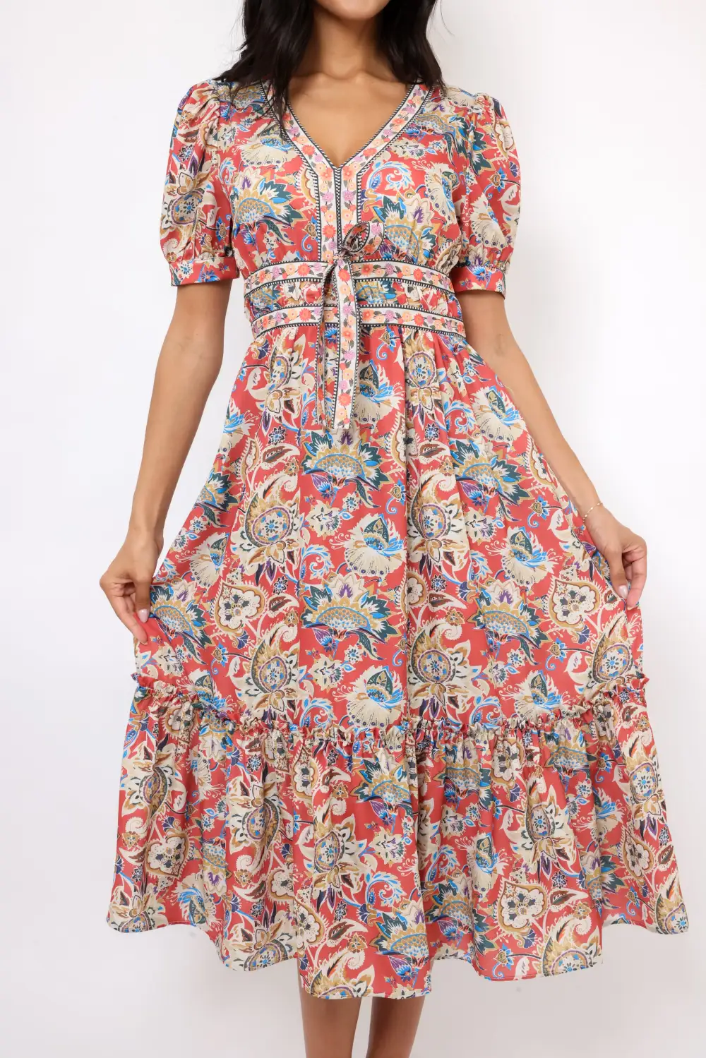 V Neck Short Sleeve Ruffle Hem Midi Dress