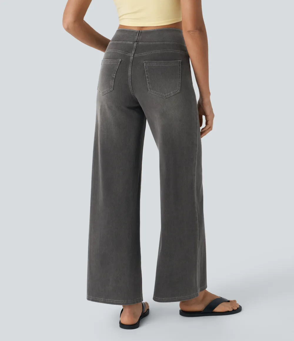 Magic High Waisted Multiple Pockets Wide Leg Washed Stretchy Knit Casual Jeans
