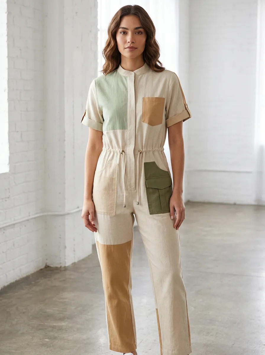 Women's Casual Earth Tone Colorblock Utility Jumpsuit