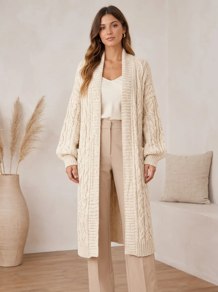 Women's Beige Cable Knit Long Open Cardigan Sweater