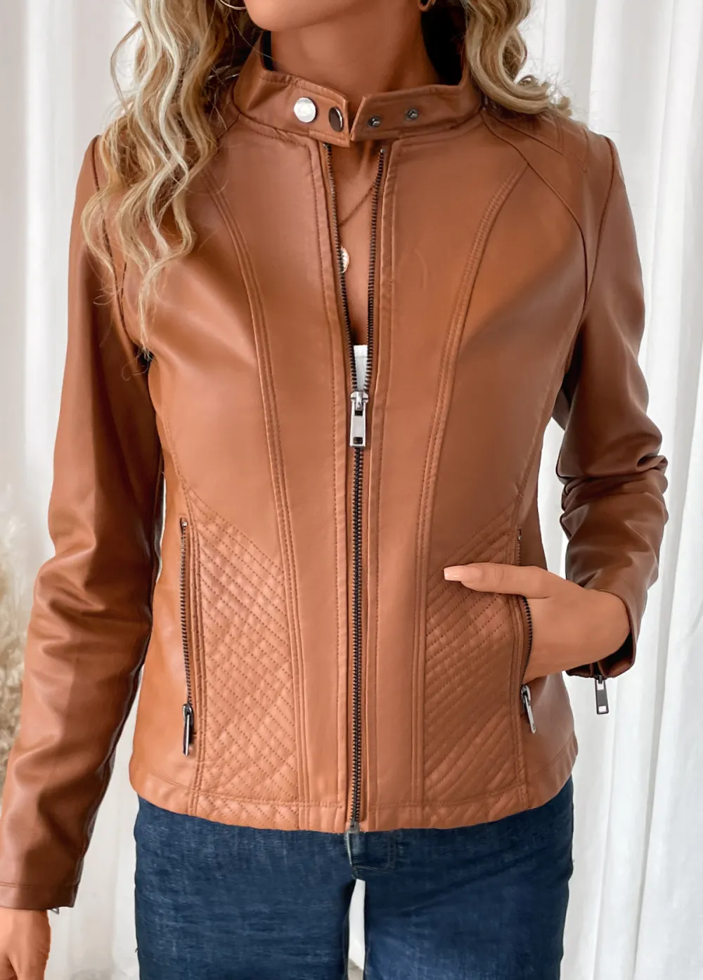 Dark Camel Pocket Long Sleeve High Neck Coat