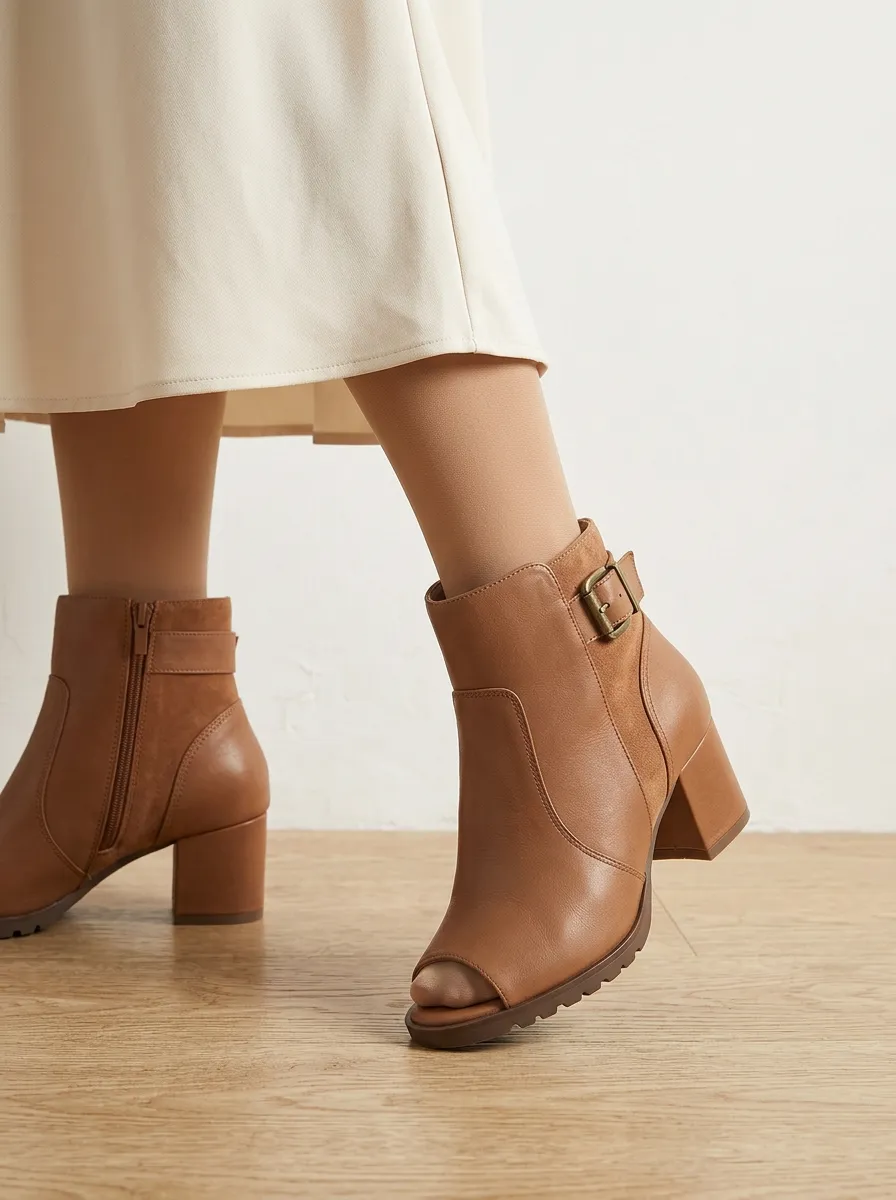Buckle-Detail Leather-Look Women's Peep-Toe Ankle Boots