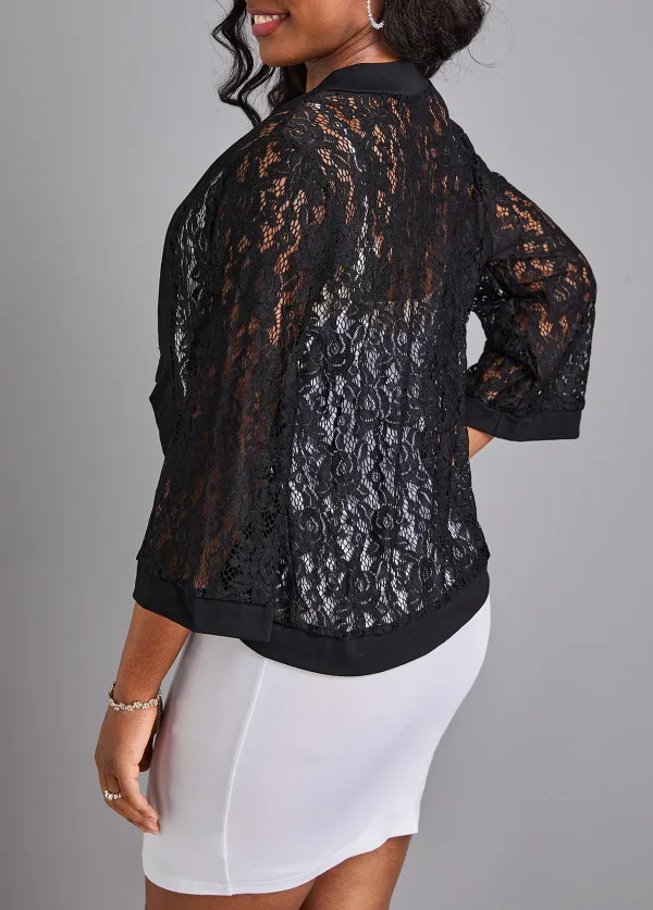 Black Lace Three Quarter Length Sleeve Coat