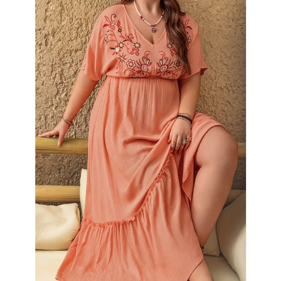 Plus Size Frill Embroidered V Neck Half Sleeve Maxi Dress