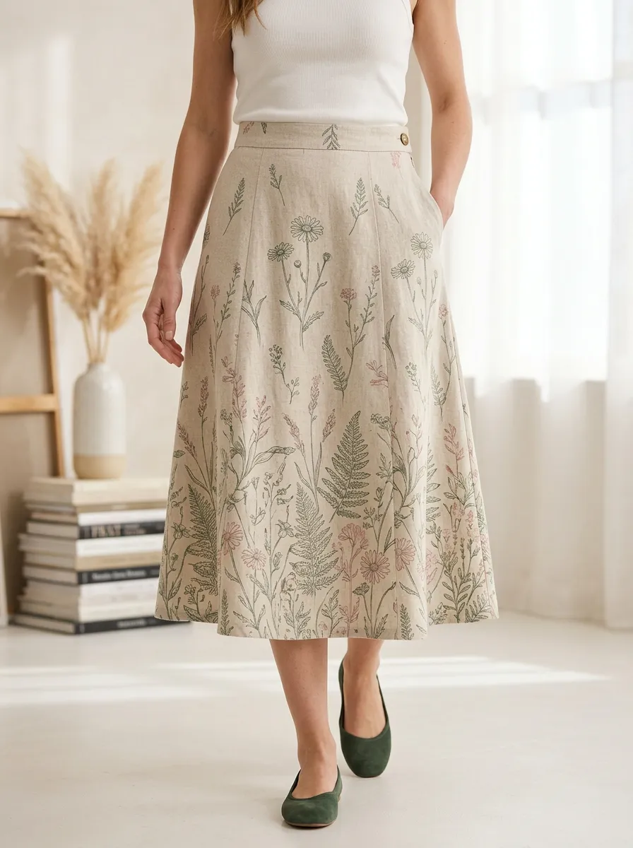 Women's Botanical Print A-Line Midi Skirt