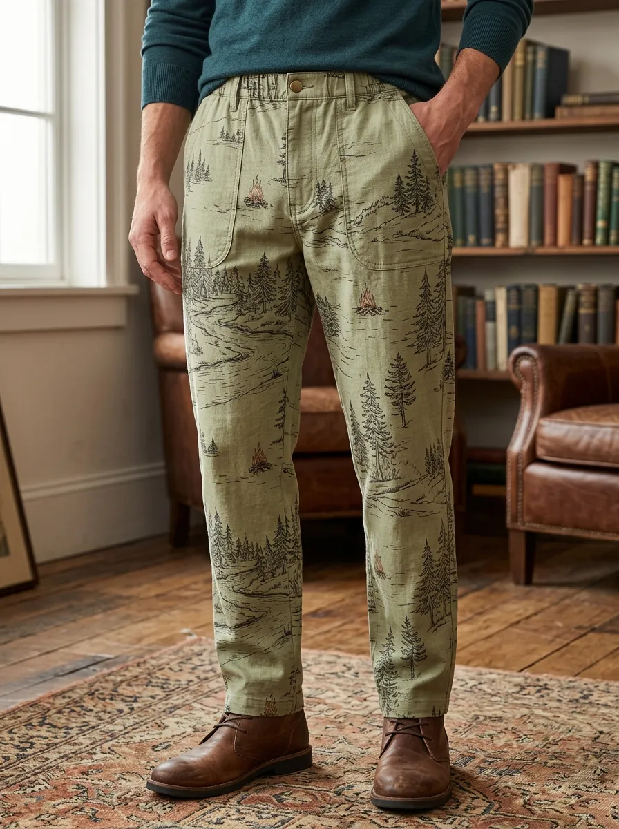 Men's Camping Nature Lover Forest Campfire Printed Pants