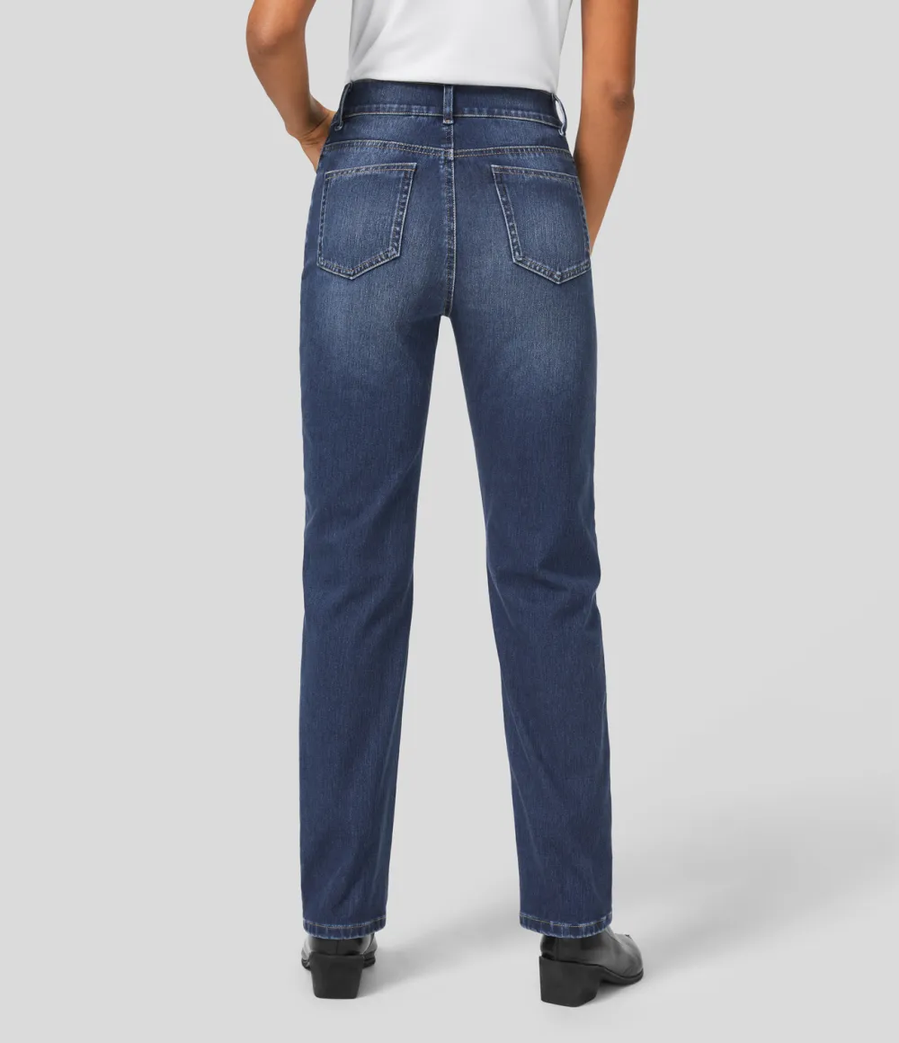 Magic High Waisted Multiple Pockets Straight Leg Washed Stretchy Knit Casual Jeans