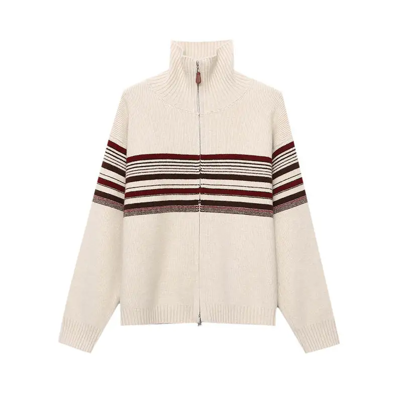 Comfort Striped Sweater Cardigan With Two Zippers