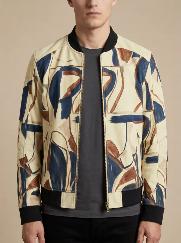 Abstract Print Ribbed Trim Bomber Jacket