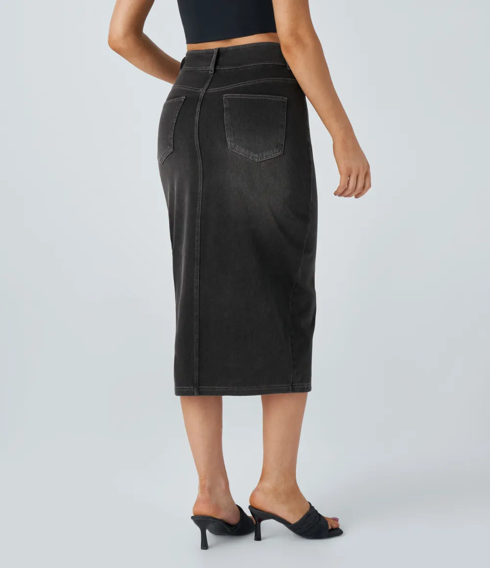 Magic High Waisted Multiple Pockets Bodycon Split Washed Stretchy Knit Denim Casual Midi Skirt