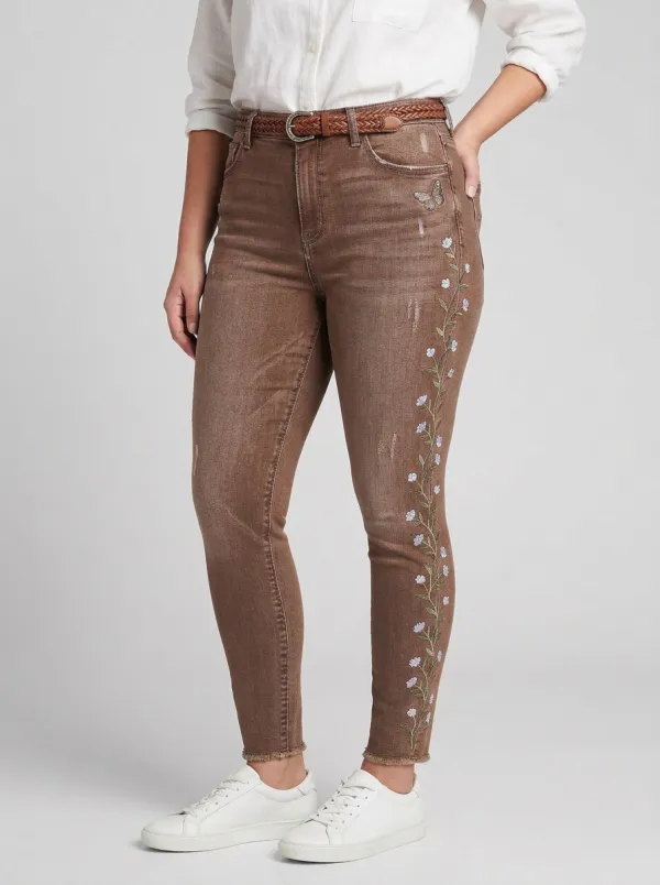 Women's Floral Butterfly Nature Embroidered Printed Slim Jeans