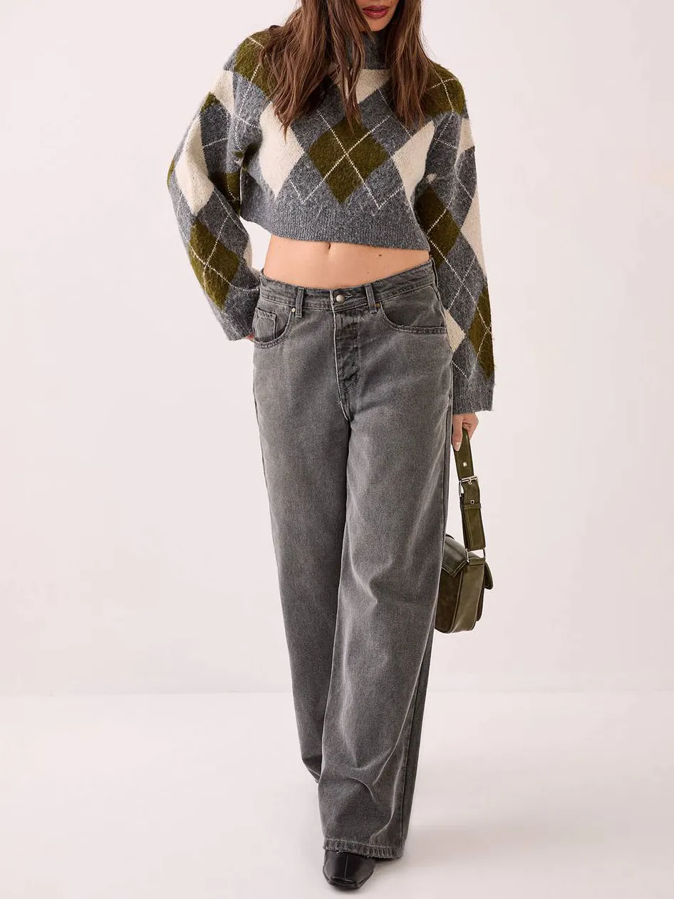 Blue Beige Argyle Print Cropped Knit Sweater