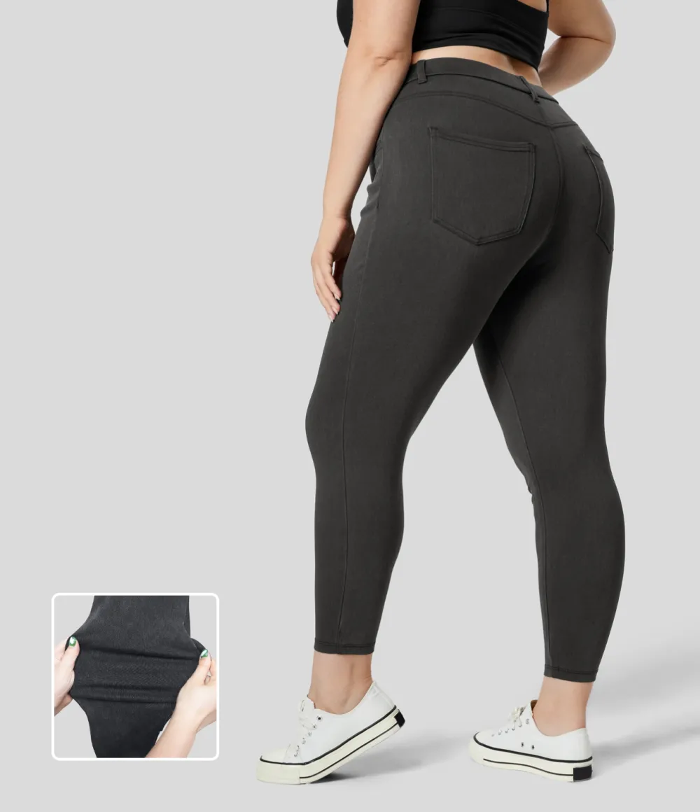 Magic High Waisted Multiple Pockets Stretchy Knit Denim Work 7/8 Plus Size Leggings