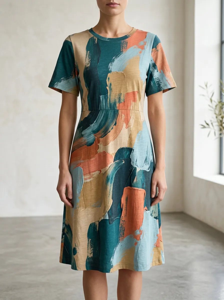 Women's Abstract Print Crew Neck Midi Dress