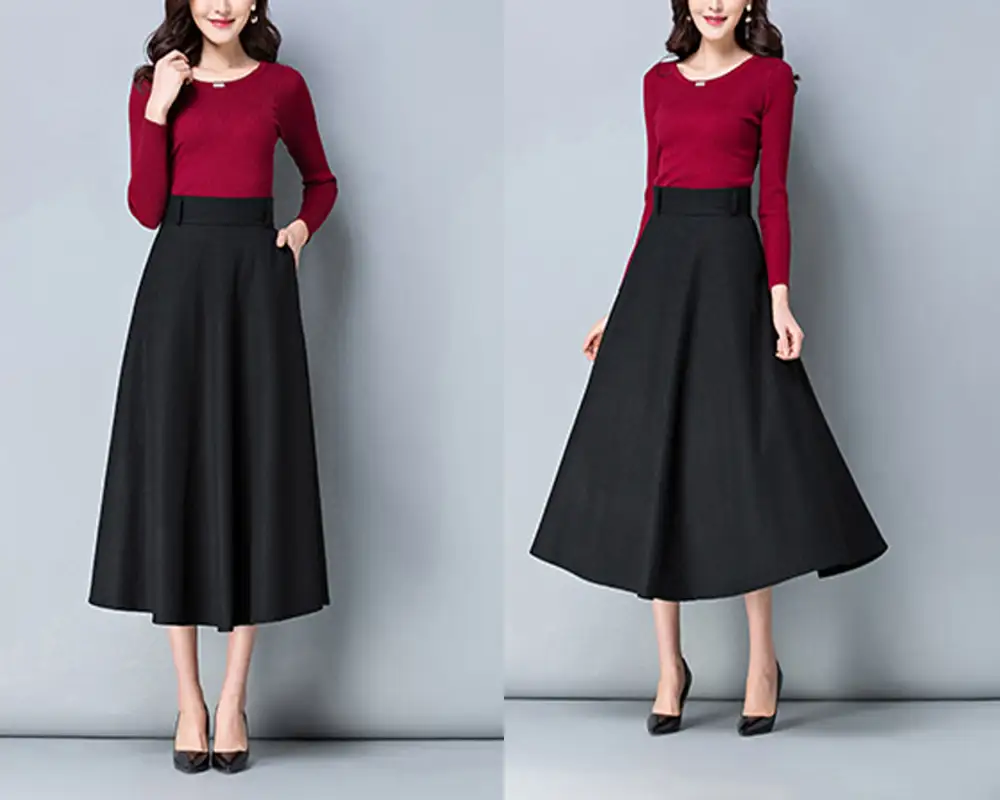 Belted Wool Flared Maxi Skirt