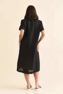 Below-Knee Linen Pocket Collared Short-Sleeve A-Line Dress
