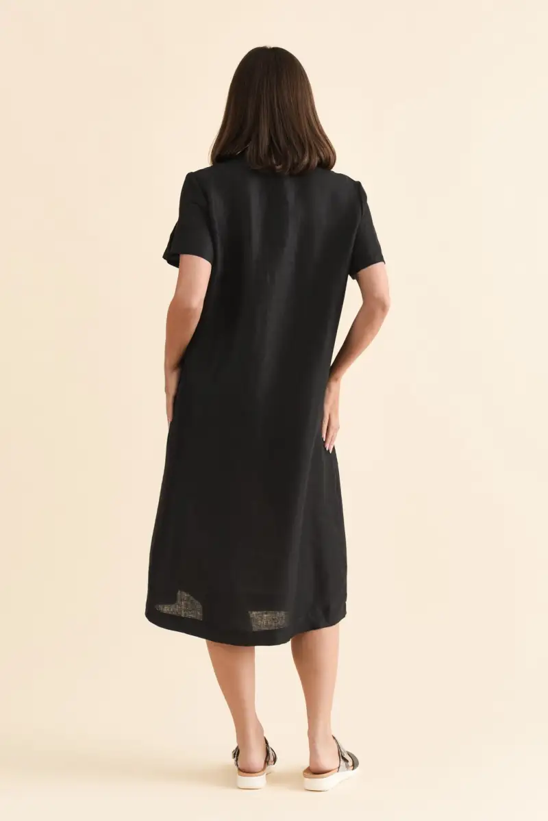 Below-Knee Linen Pocket Collared Short-Sleeve A-Line Dress